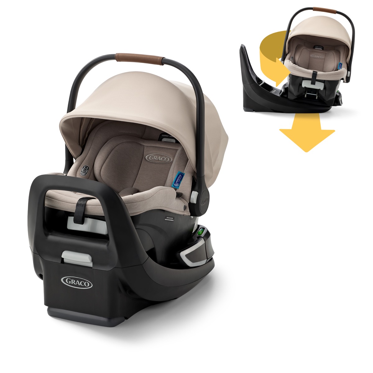 Sandstone Tan SnugRide Turn and Slide infant car seat image shown in the travel system slot
